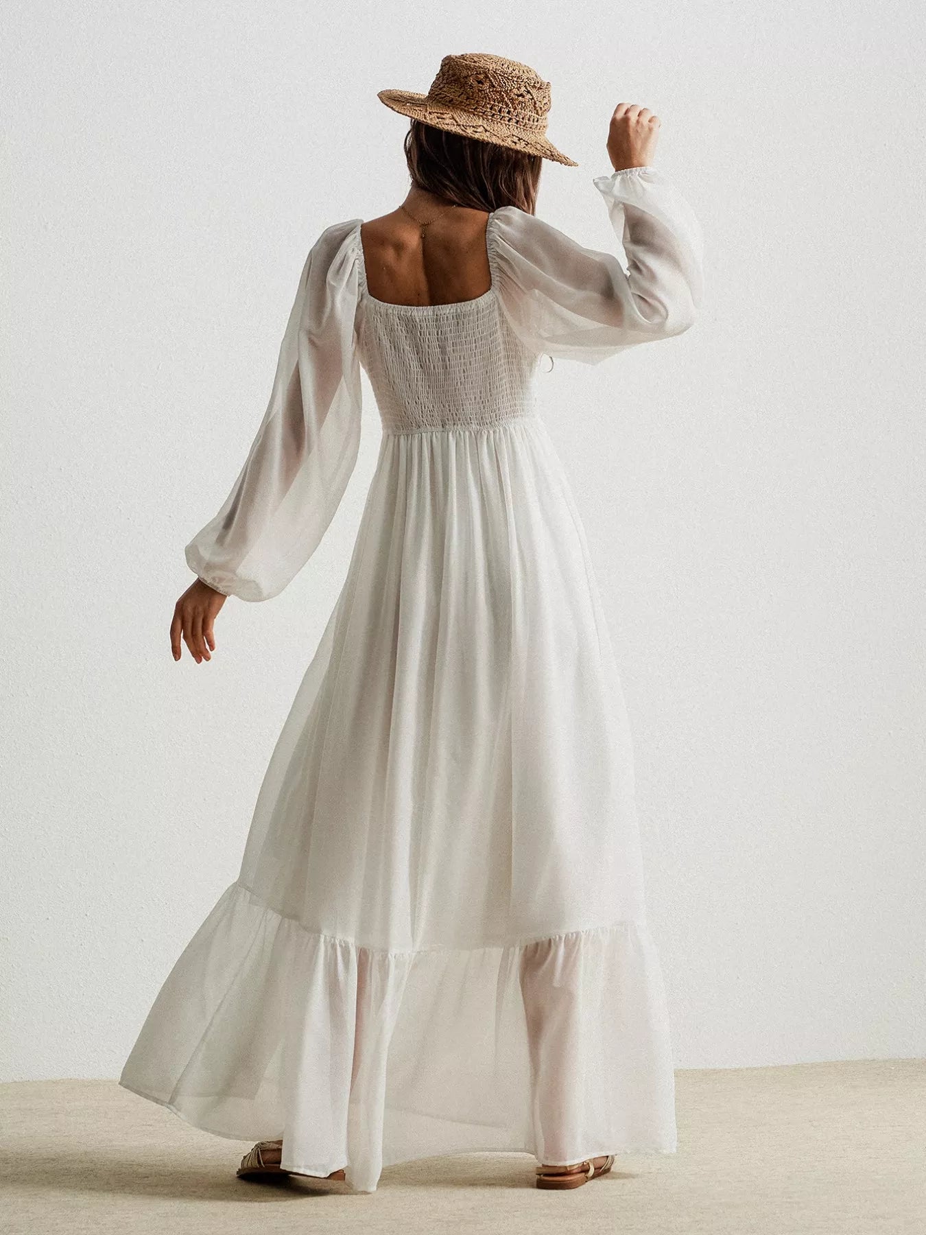 White Boho Chic Crochet Lace Maxi Dress with Straw Hat