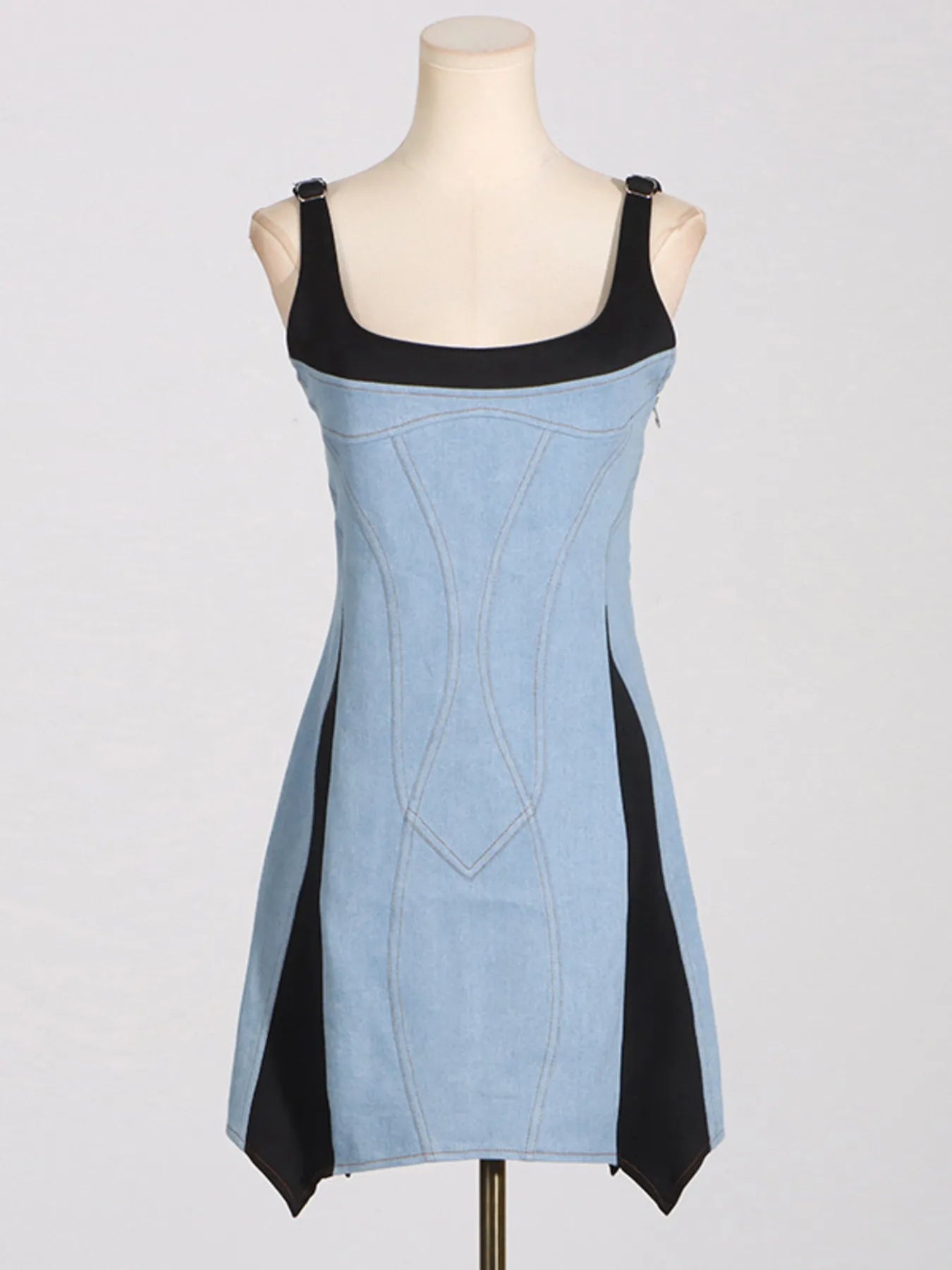 Contrast Adjustable Strap Denim Dress | Daverri Fashions
