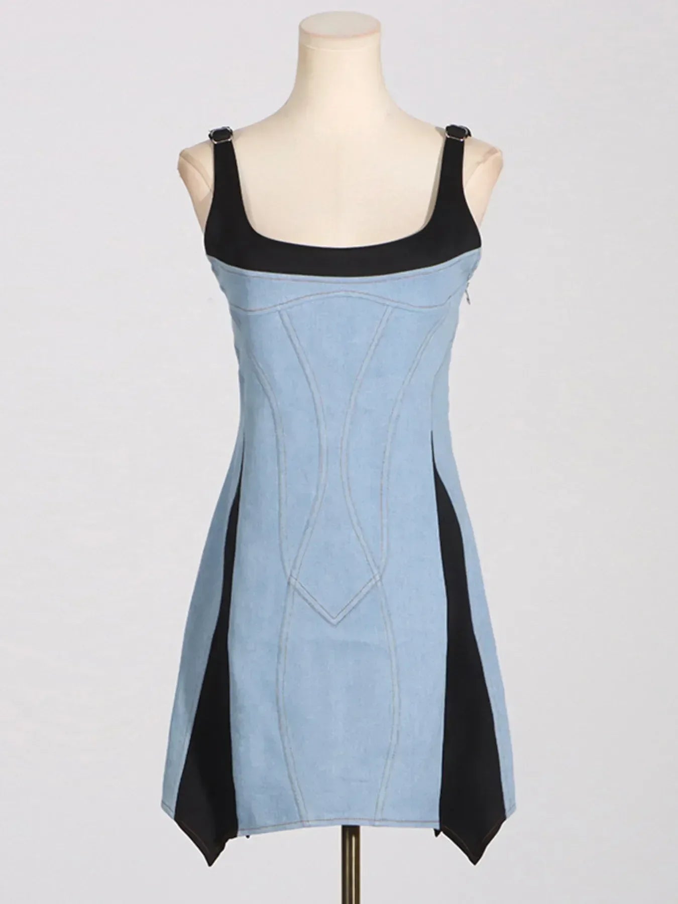 Contrast Adjustable Strap Denim Dress - DAVERRI FASHIONS