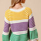 Cozy SO ME Mardi Gras striped raglan sweater in white, yellow, purple, green