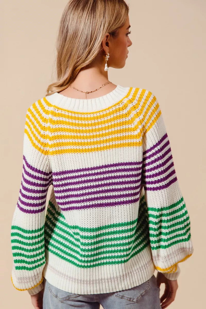 Cozy SO ME Mardi Gras striped raglan sweater in white, yellow, purple, green