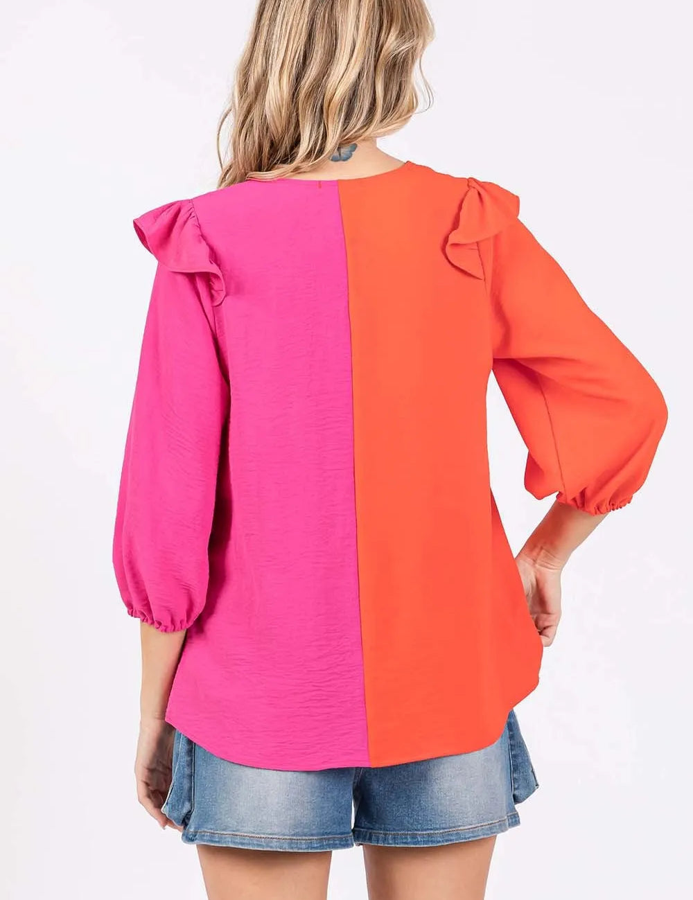 GeeGee Full Size Ruffle Trim Contrast Blouse | Daverri Fashions