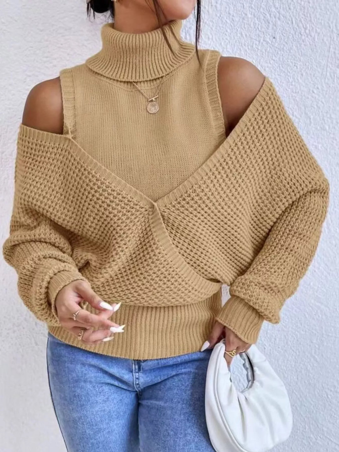 Camel Waffle Knit Cold Shoulder Turtleneck Sweater | Sweaters Daverri Fashions