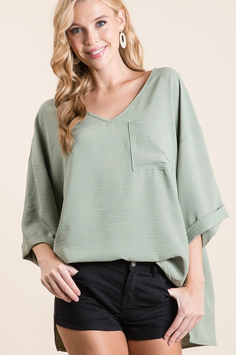BiBi Flowy Woven V-Neck Top with Rolled Up Cuffs Tops