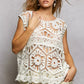 White POL openwork round neck floral crochet tank top with ruffled hem