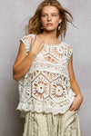 White POL openwork round neck floral crochet tank top with ruffled hem