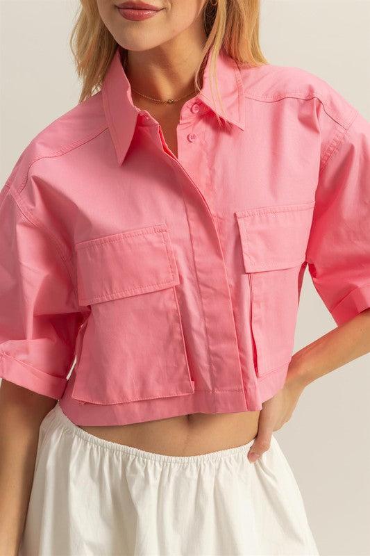 HYFVE Front Pockets Poplin Collared Neck Crop Shirt - DAVERRI FASHIONS