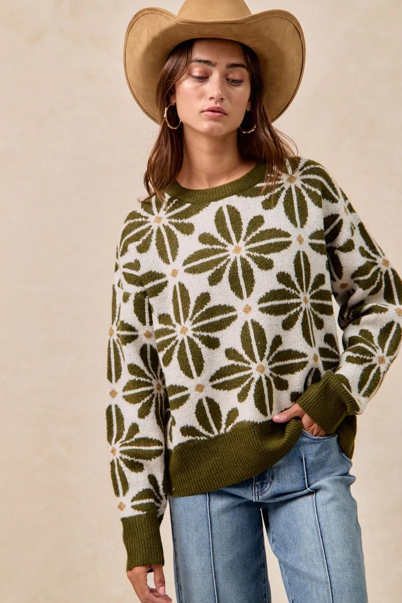 BiBi Flower Pattern Long Sleeve Sweater Olive | Sweaters Daverri Fashions