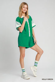 Umgee French Terry Collared Colorblock Romper | Daverri Fashions