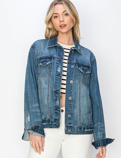 RISEN Full Size Distressed Button Up Jacket