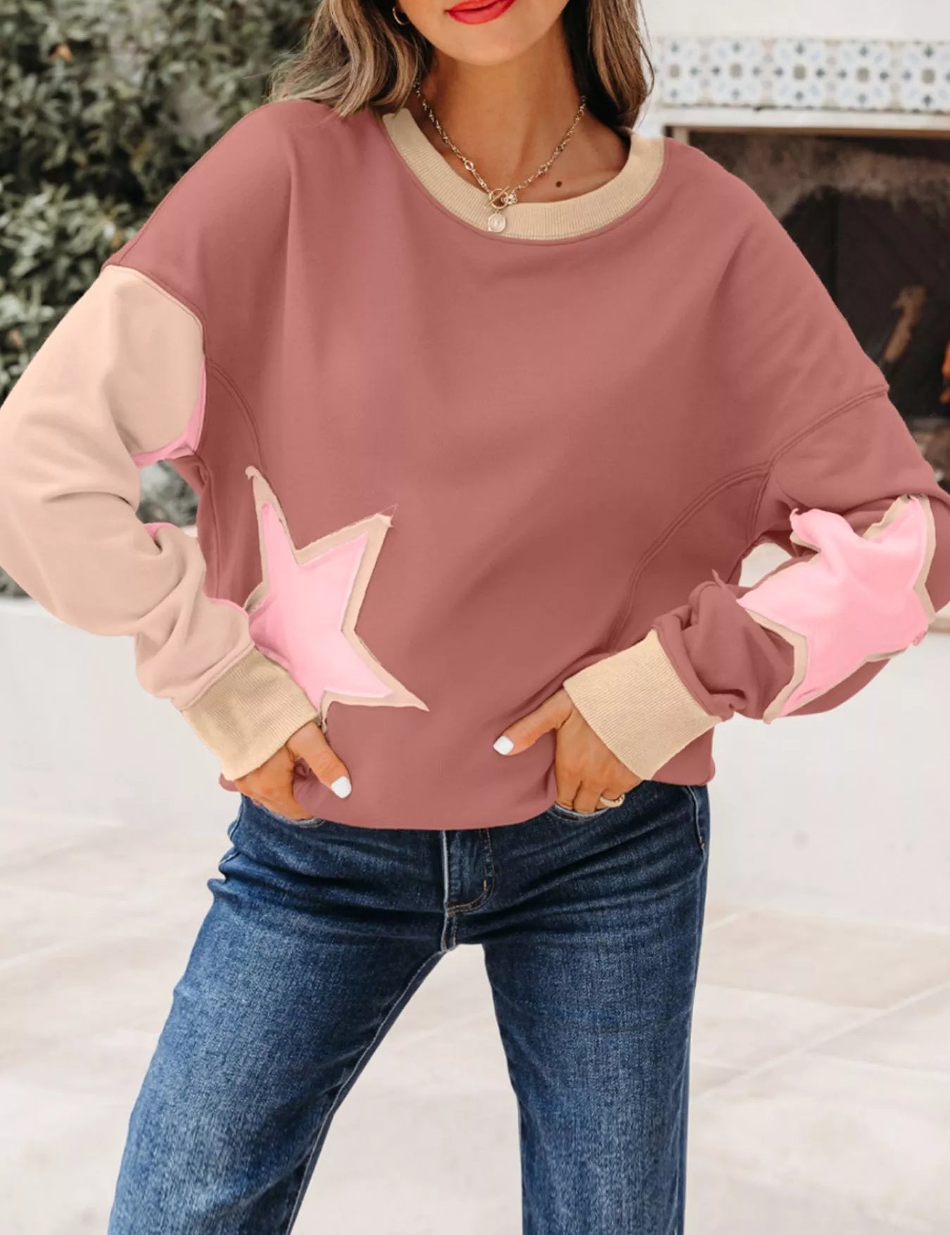 Dusty Pink Contrast Star Patchwork Exposed Seam Uneven Hem Drop Shoulder Sweatshirt | Sweatshirts Daverri Fashions