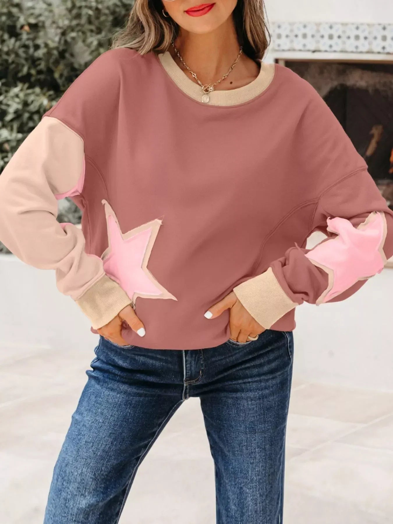 Star Patchwork Exposed Seam Drop Shoulder Sweatshirt - DAVERRI FASHIONS