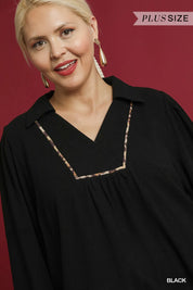 Umgee Full Size Linen Scallop Hem Blouse with Contrast Trim Plus Size | Daverri Fashions
