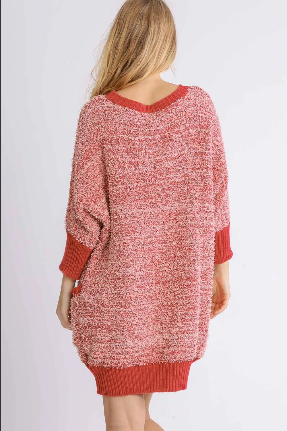 Umgee Full Size Ribbed Hem Round Neck 3/4 Sleeve Sweater Dress with Pockets Plus Size | Daverri Fashions