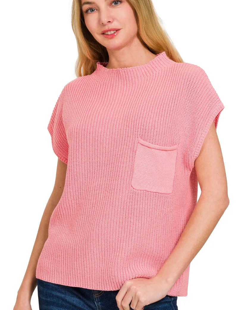 DK PINK M Zenana Mock Neck Short Sleeve Sweater | Sweaters Daverri Fashions