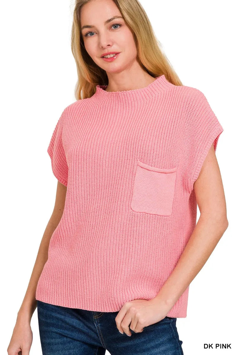 Zenana Mock Neck Short Sleeve Sweater DK PINK Sweaters