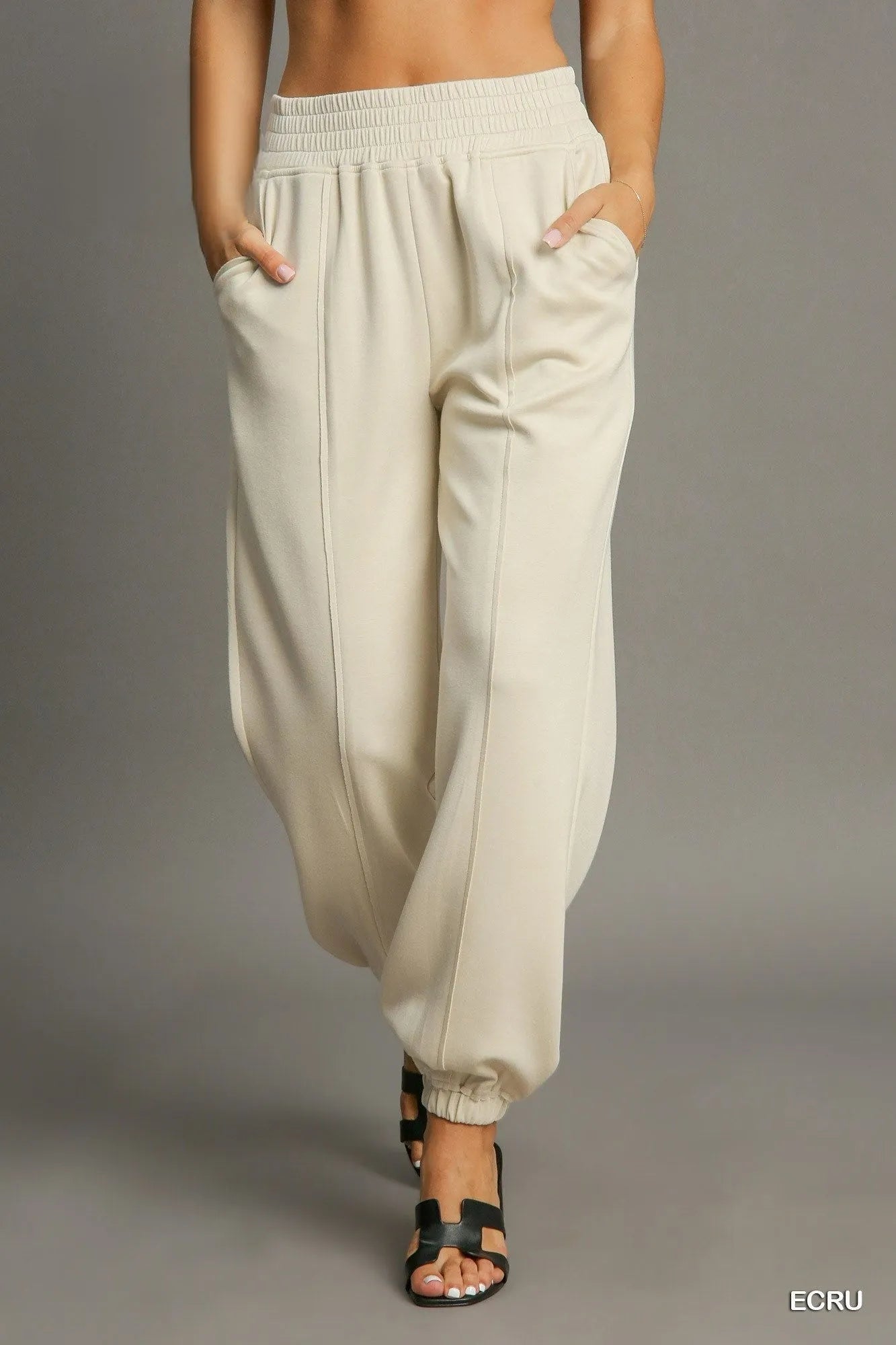 Umgee Drawstring Jogger Pants with Front Seam Detail ECRU Joggers
