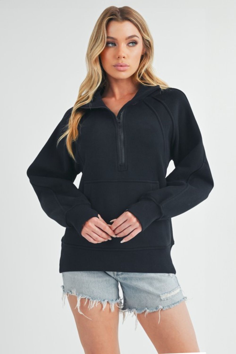 Aemi + Co Half Zip Raglan Sleeve Sweatshirt with Kangaroo Pocket Black Sweatshirts