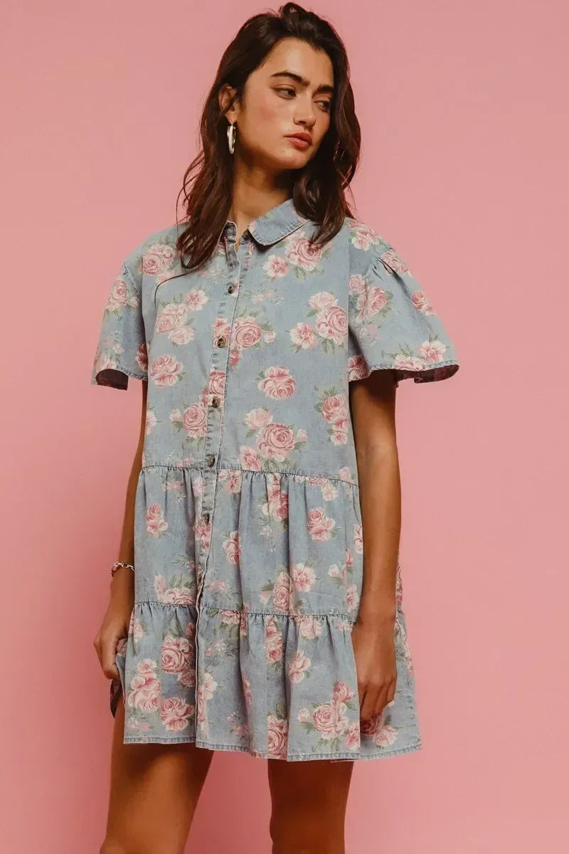 BiBi Floral Print Washed Lightweight Tiered Shirt Dress - DAVERRI FASHIONS