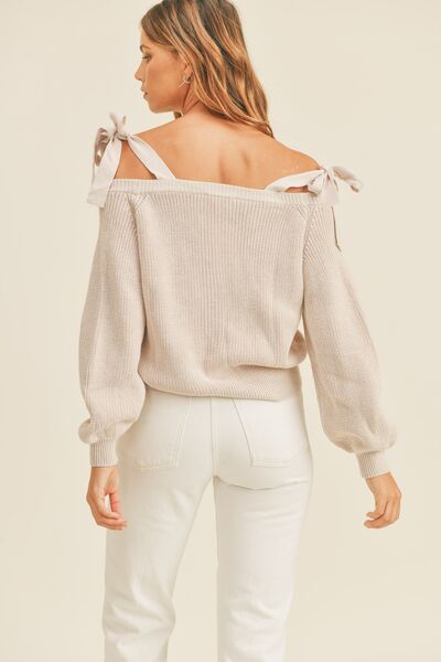 MABLE Off Shoulder Self Tie Strap Button Down Sweater Sweaters