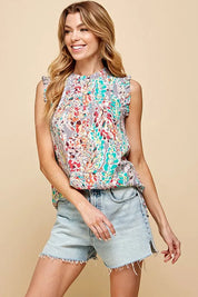 LT GREY Lime 'N' Chili Full Size Graphic Print Ruffle Trim Mock Neck Sleeveless Top Plus Size | Tops Daverri Fashions