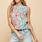 Lime 'N' Chili Full Size Graphic Print Ruffle Trim Mock Neck Sleeveless Top Plus Size LT GREY