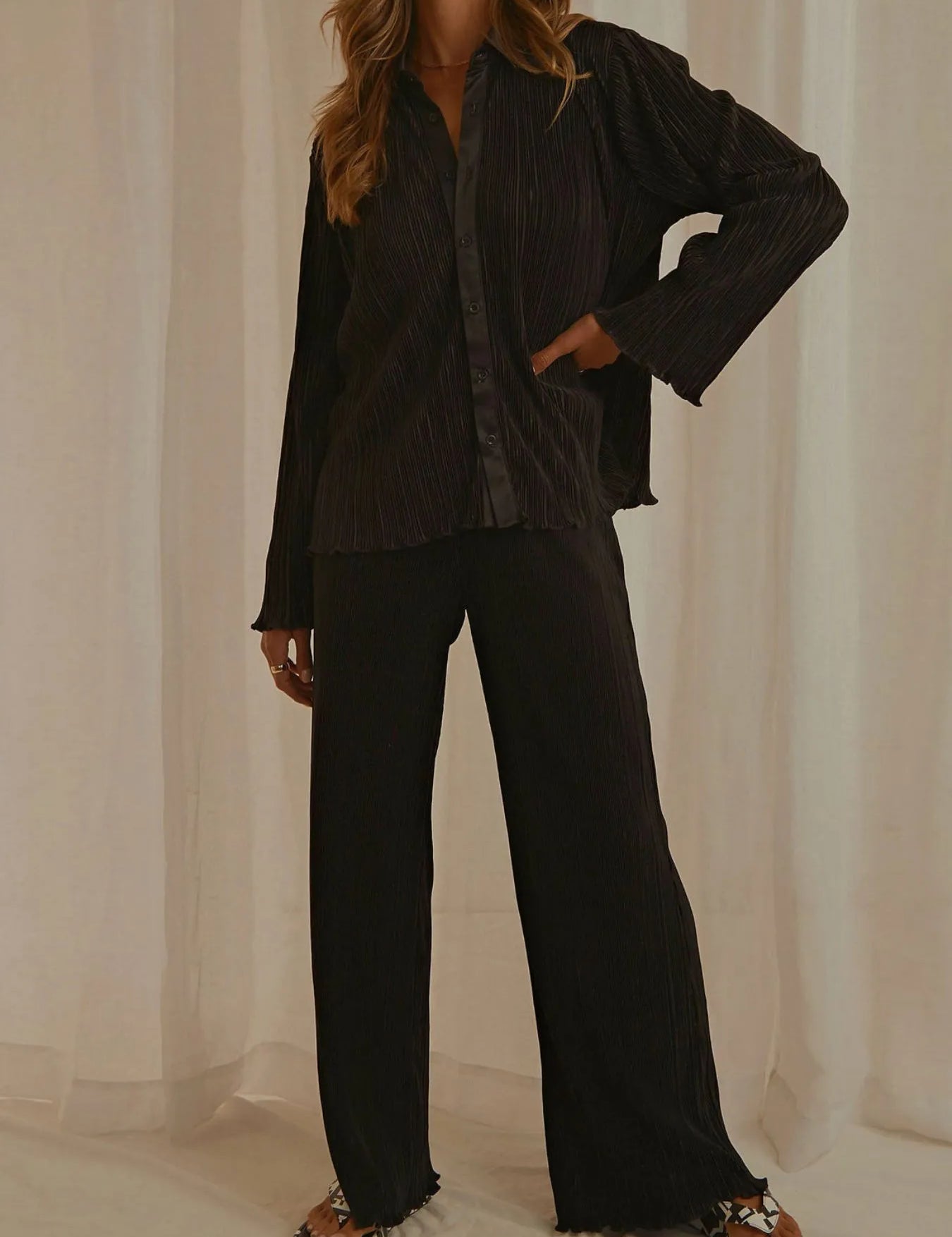 Black Button Up Long Sleeve Top and Pants Set | Loungewear Sets Daverri Fashions