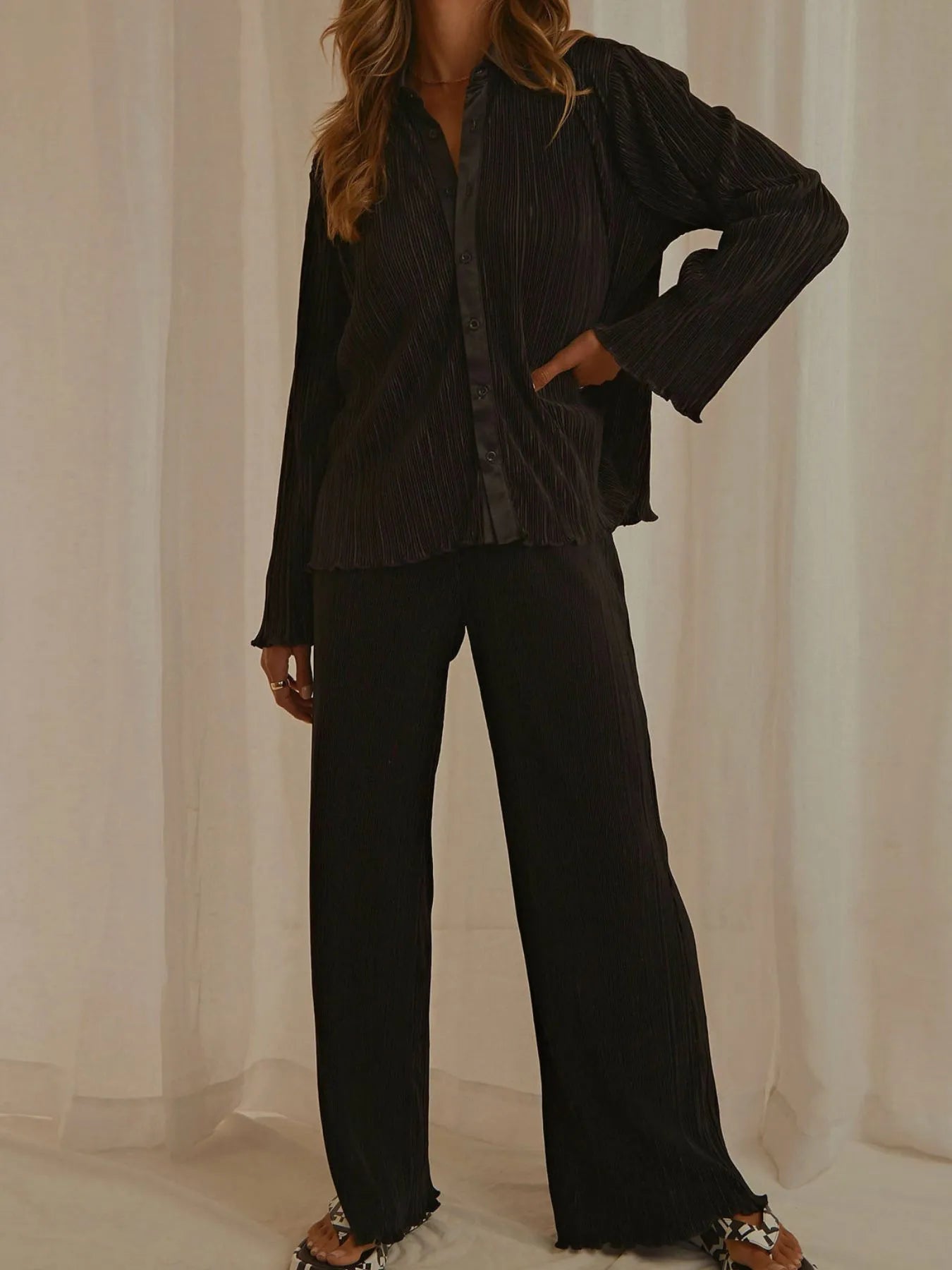 Black Button Up Long Sleeve Top and Pants Set | Loungewear Sets Daverri Fashions
