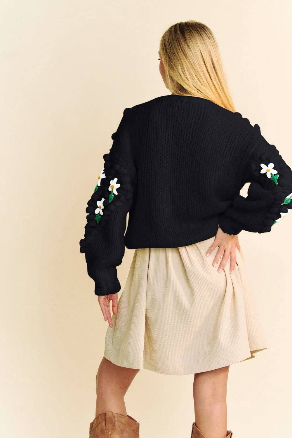Black knit Davi & Dani floral cardigan with embroidered flowers on sleeves