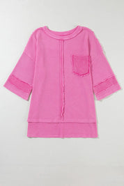 Pocketed Round Neck Three-Quarter Sleeve T-Shirt | Tops Daverri Fashions