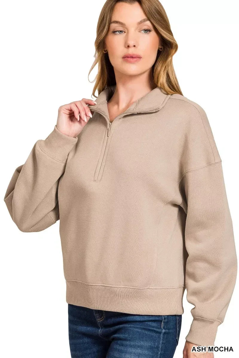Zenana Fleece High Neck Half Zip Sweatshirt Ash Mocha - DAVERRI FASHIONS