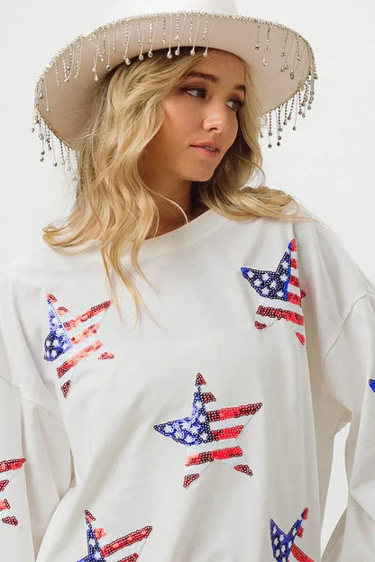BiBi American Flag Sequin Star Sweatshirt - DAVERRI FASHIONS