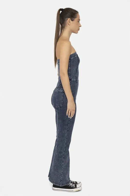MONO B Cotton Blend Strapless Flared Jumpsuit