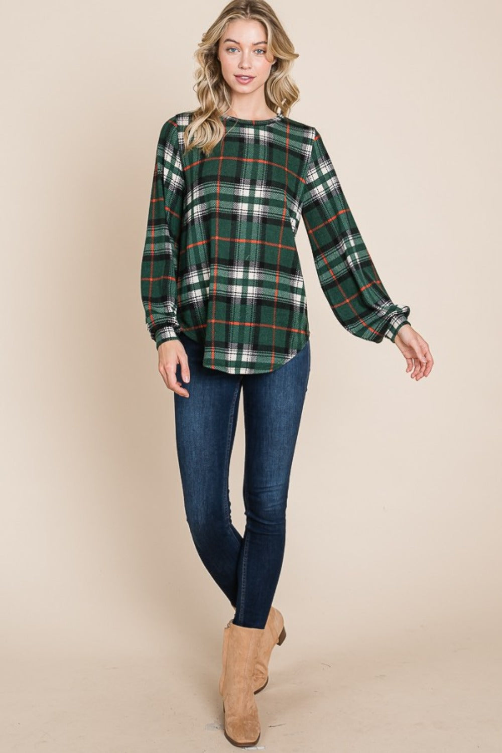 BOMBOM Curved Hem Plaid Round Neck Long Sleeve Top | Tops Daverri Fashions