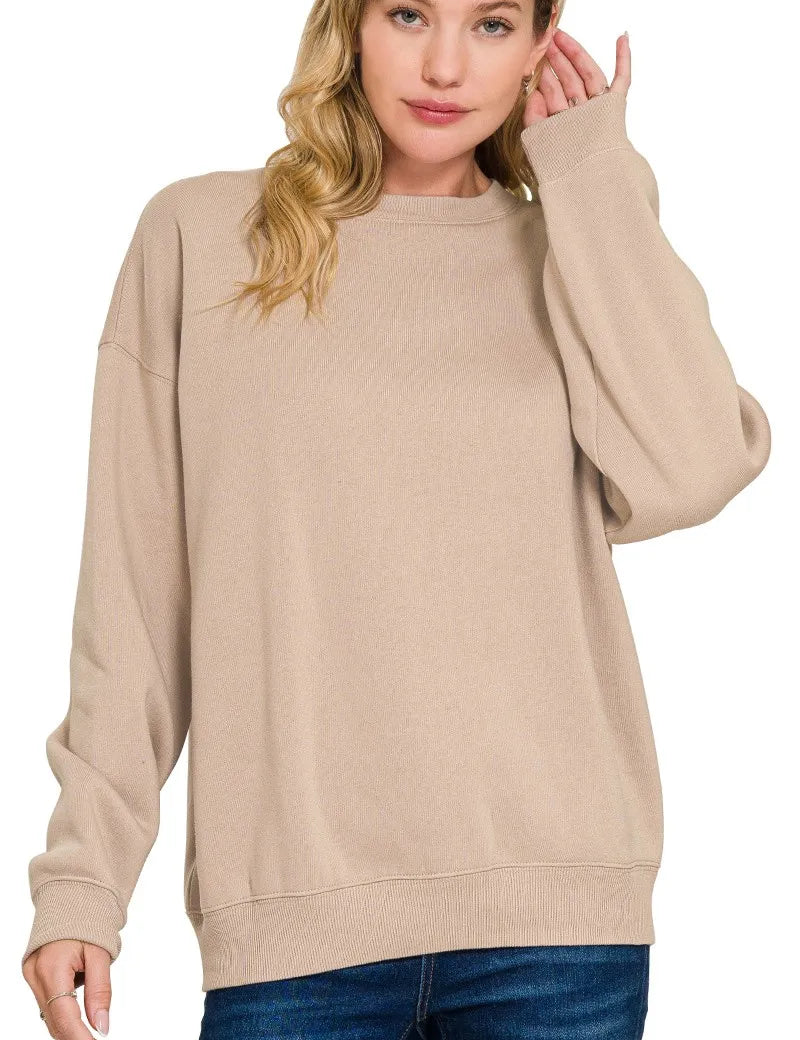 ASH MOCHA Zenana Fleece Crewneck Long Sleeve Sweatshirt | Sweatshirts Daverri Fashions