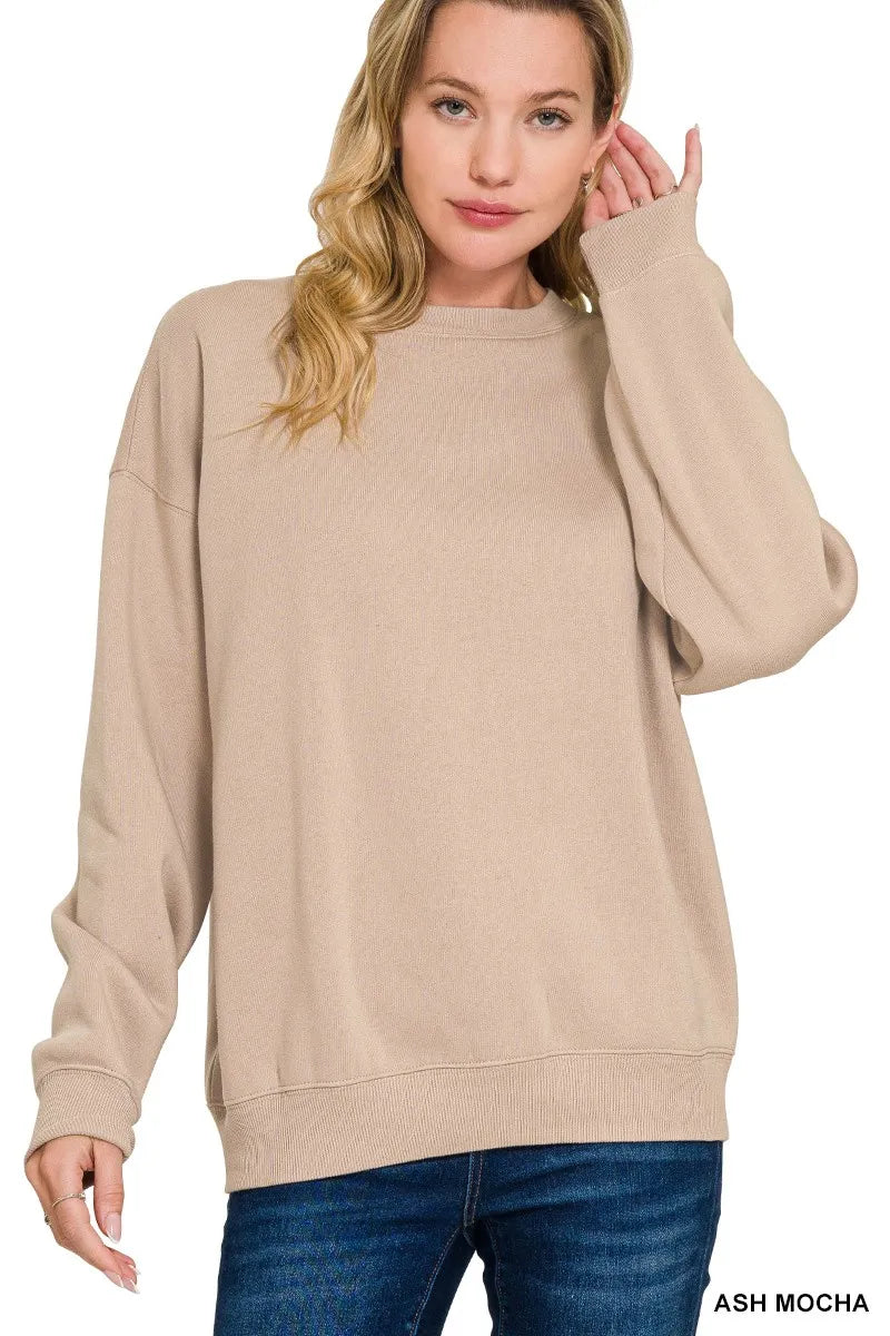 ASH MOCHA Zenana Fleece Crewneck Long Sleeve Sweatshirt | Sweatshirts Daverri Fashions