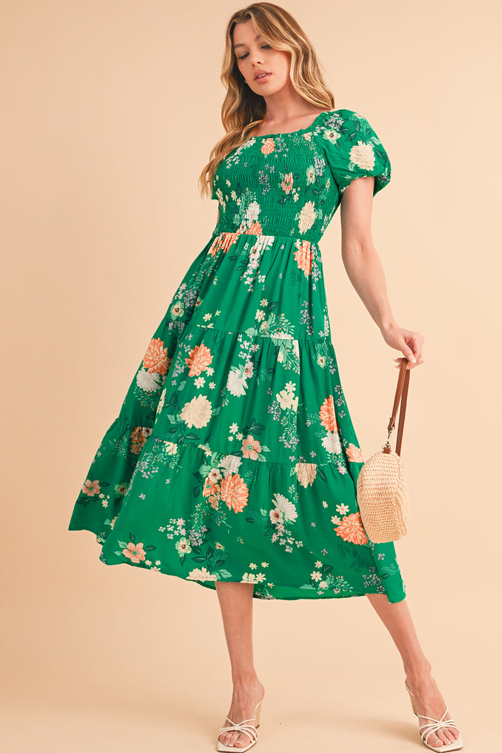 Green Floral Print Bubble Sleeve Smocked Tiered Midi Dress Midi Dresses