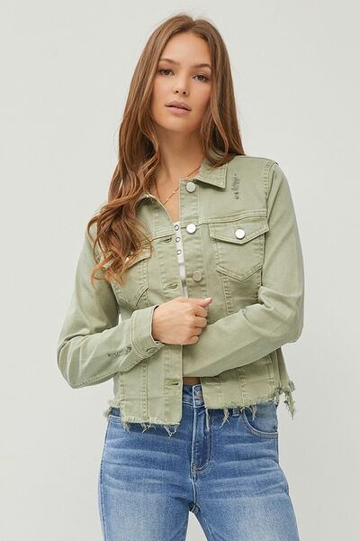 RISEN Full Size Raw Hem Button Up Cropped Denim Jacket Plus Size