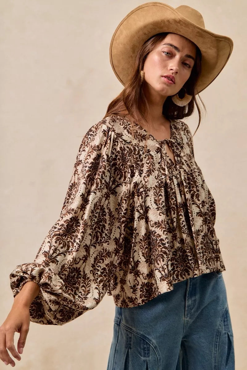 BiBi Printed Woven Front Tied Blouse with Baloon Sleeve | Blouses Daverri Fashions