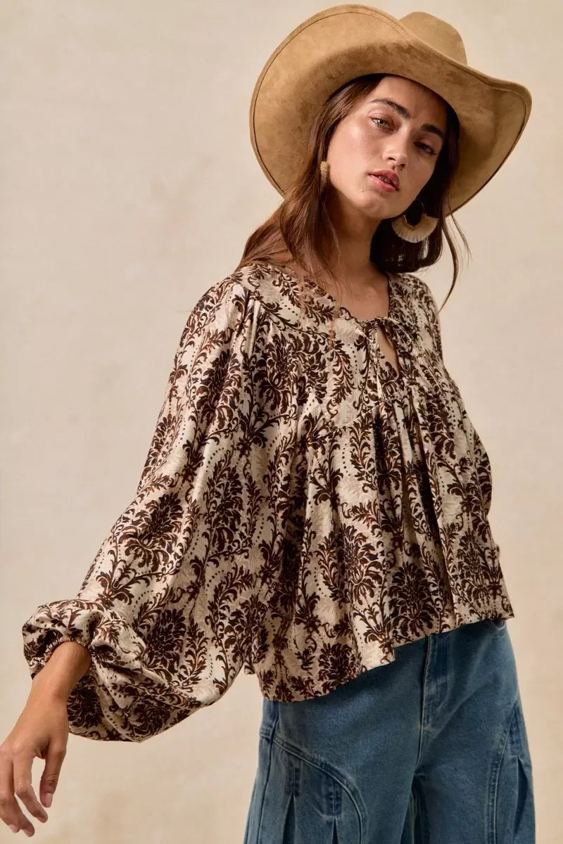 BiBi Printed Woven Front Tied Blouse with Baloon Sleeve - DAVERRI FASHIONS
