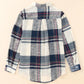 Daverri plaid button-up long sleeve shirt in navy, white, muted red stripes