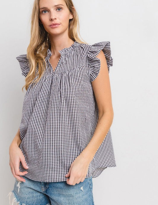 Ces Femme Plaid Notched Ruffled Cap Sleeve Blouse