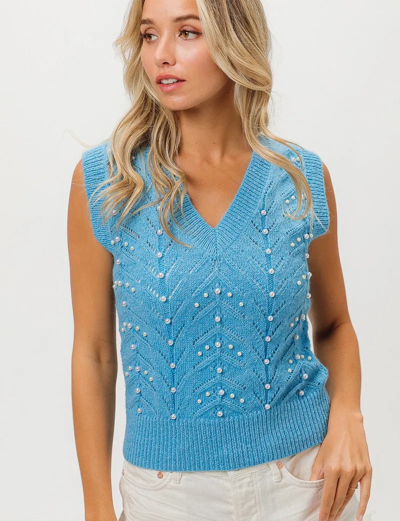 BiBi Blue Chevron Pointelle Pearl Knit Top | Tops Daverri Fashions