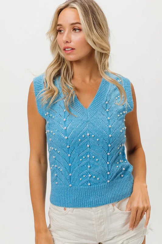 BiBi Blue Chevron Pointelle Pearl Knit Top - DAVERRI FASHIONS