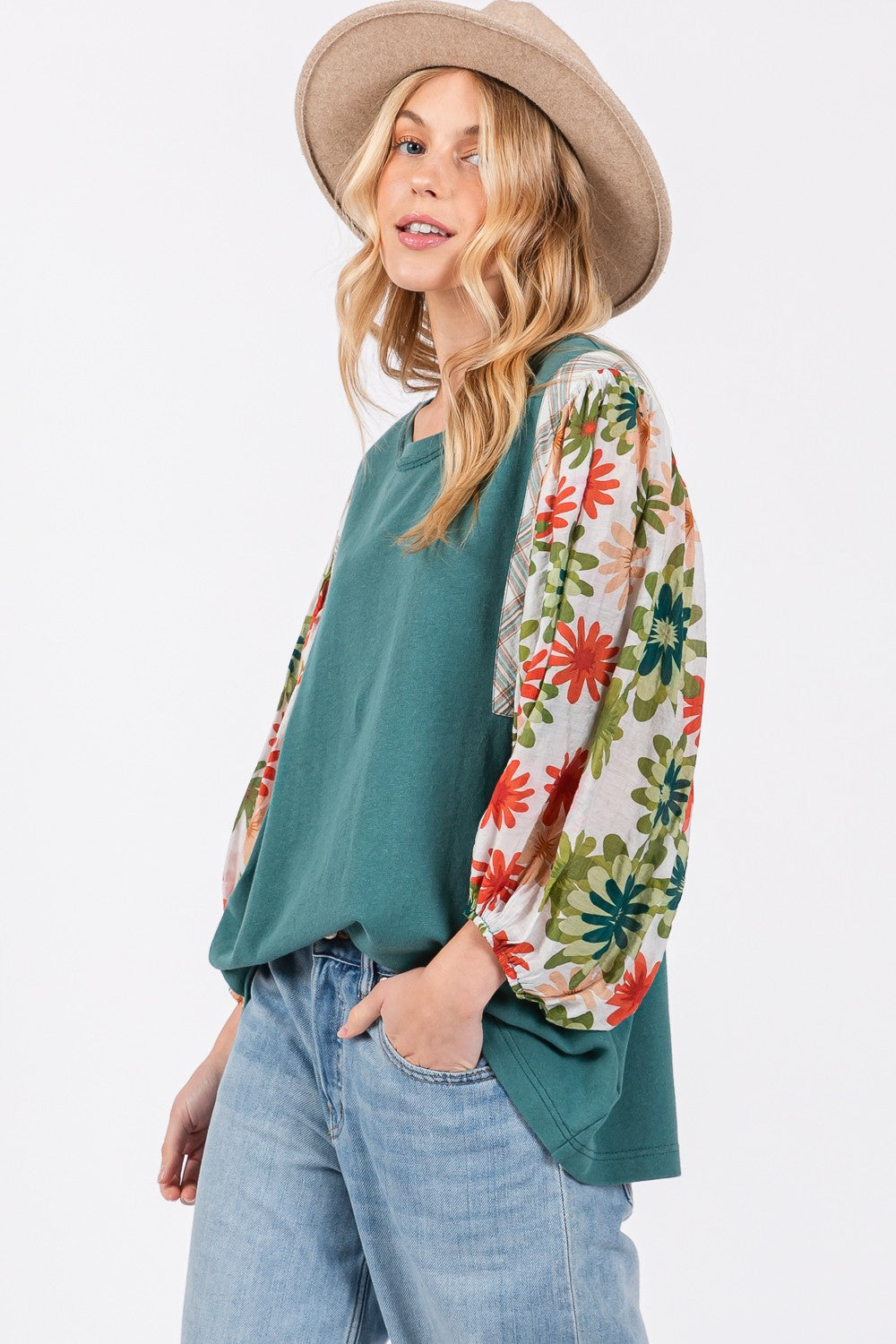 SAGE + FIG Full Size Printed Balloon Sleeve Contrast Top Tops