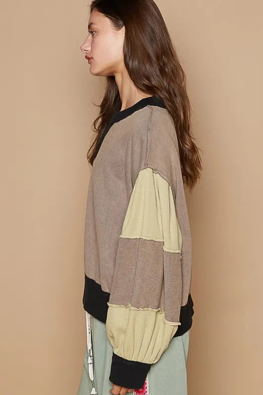 POL Waffle-Knit Detail Color Block Round Neck Sweatshirt Sweatshirts