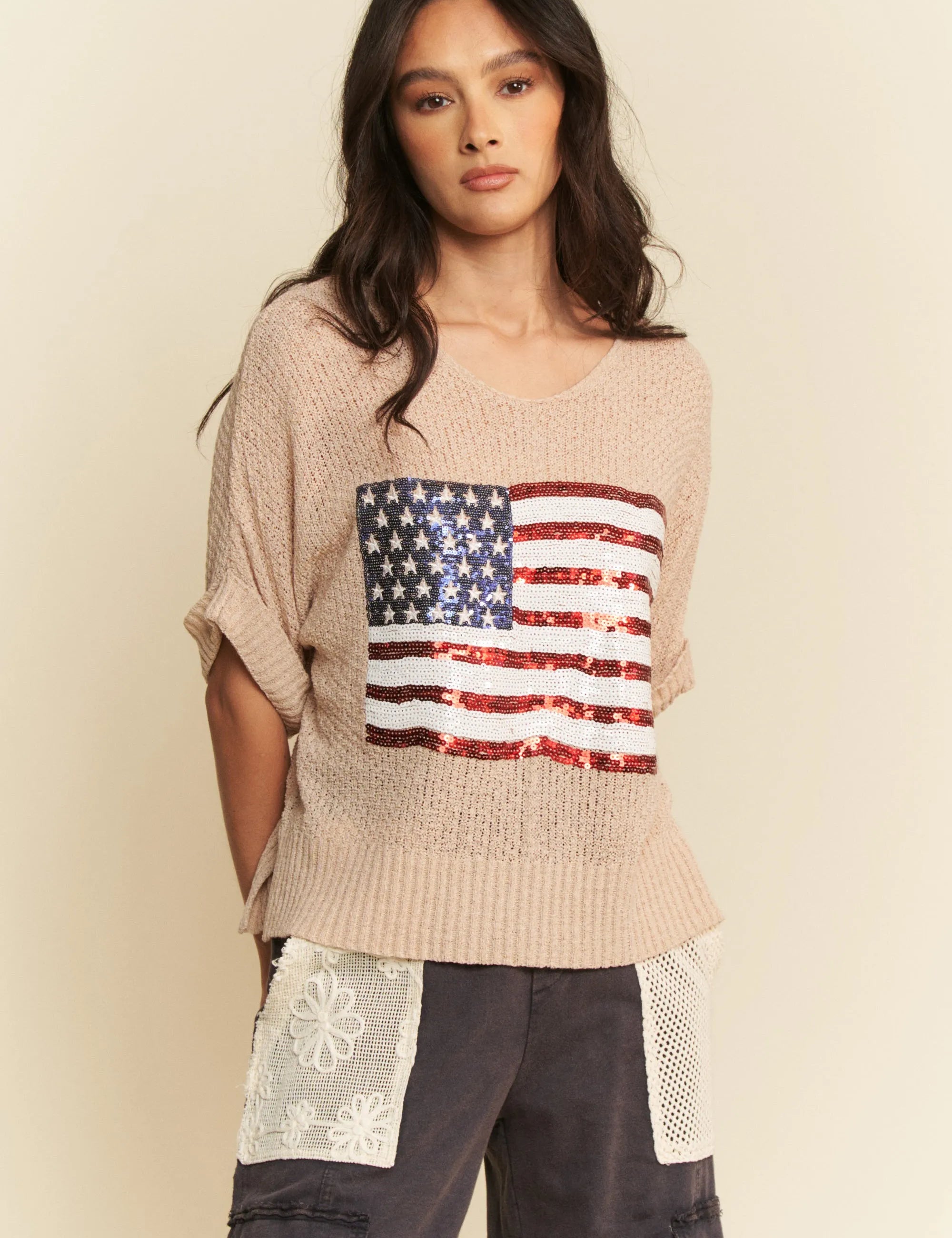 TAUPE Davi & Dani Sequin American Flag Patch Short Sleeve Knit Top | Tops Daverri Fashions