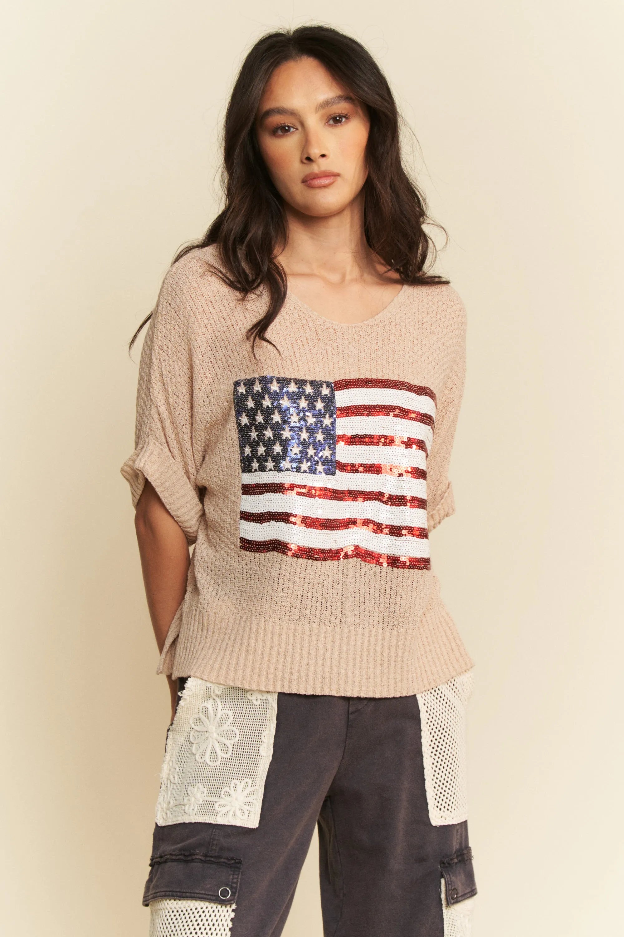 TAUPE Davi & Dani Sequin American Flag Patch Short Sleeve Knit Top | Tops Daverri Fashions