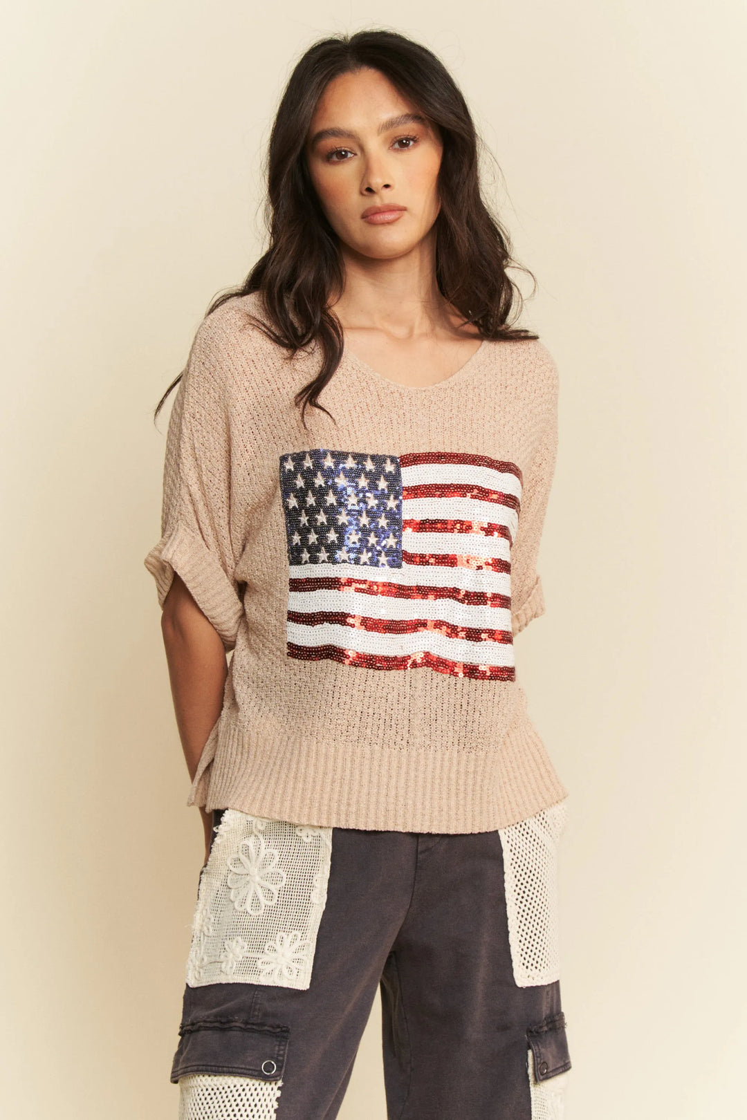 Davi & Dani Sequin American Flag Patch Short Sleeve Knit Top TAUPE Tops