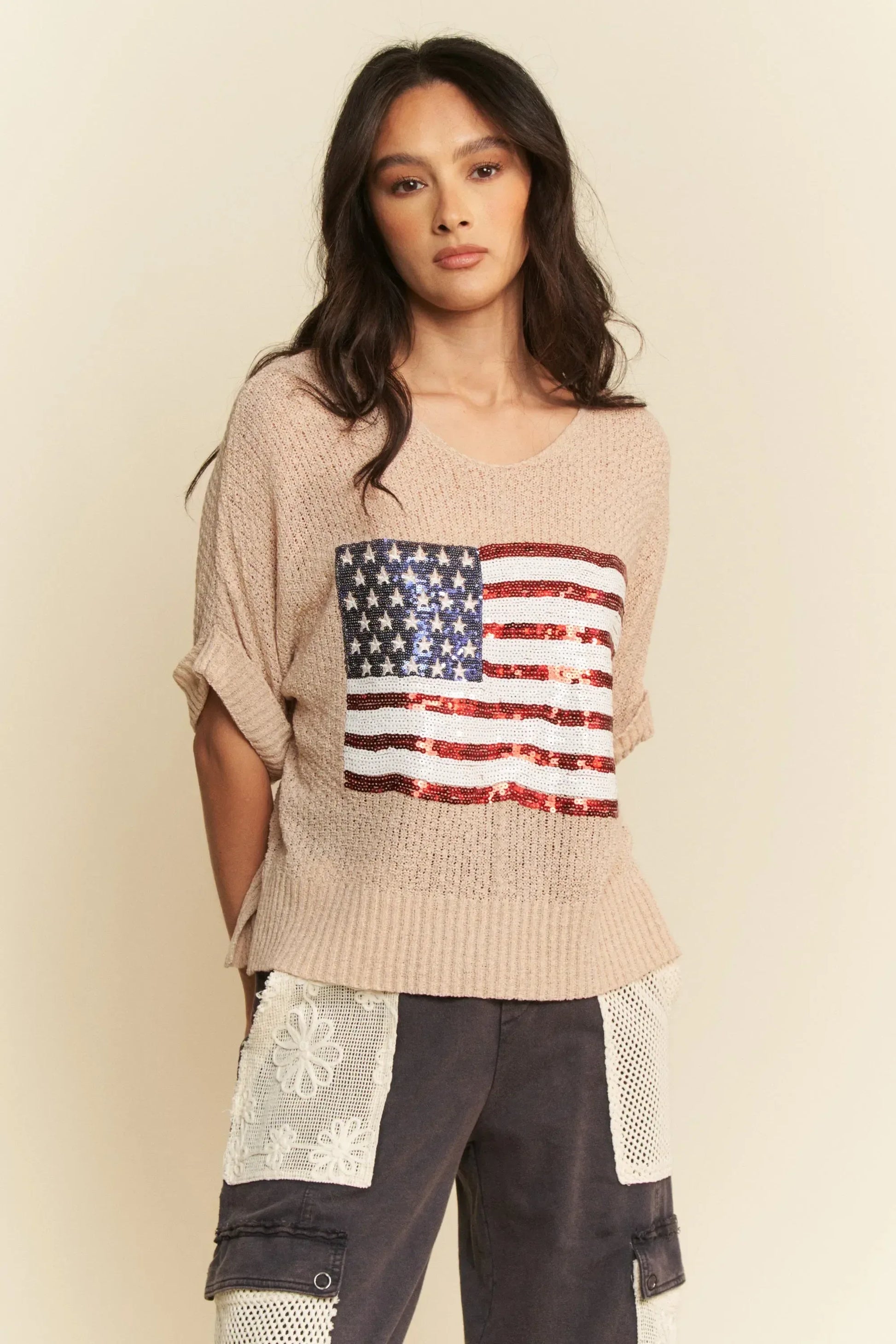 Davi & Dani Sequin American Flag Patch Short Sleeve Knit Top - DAVERRI FASHIONS